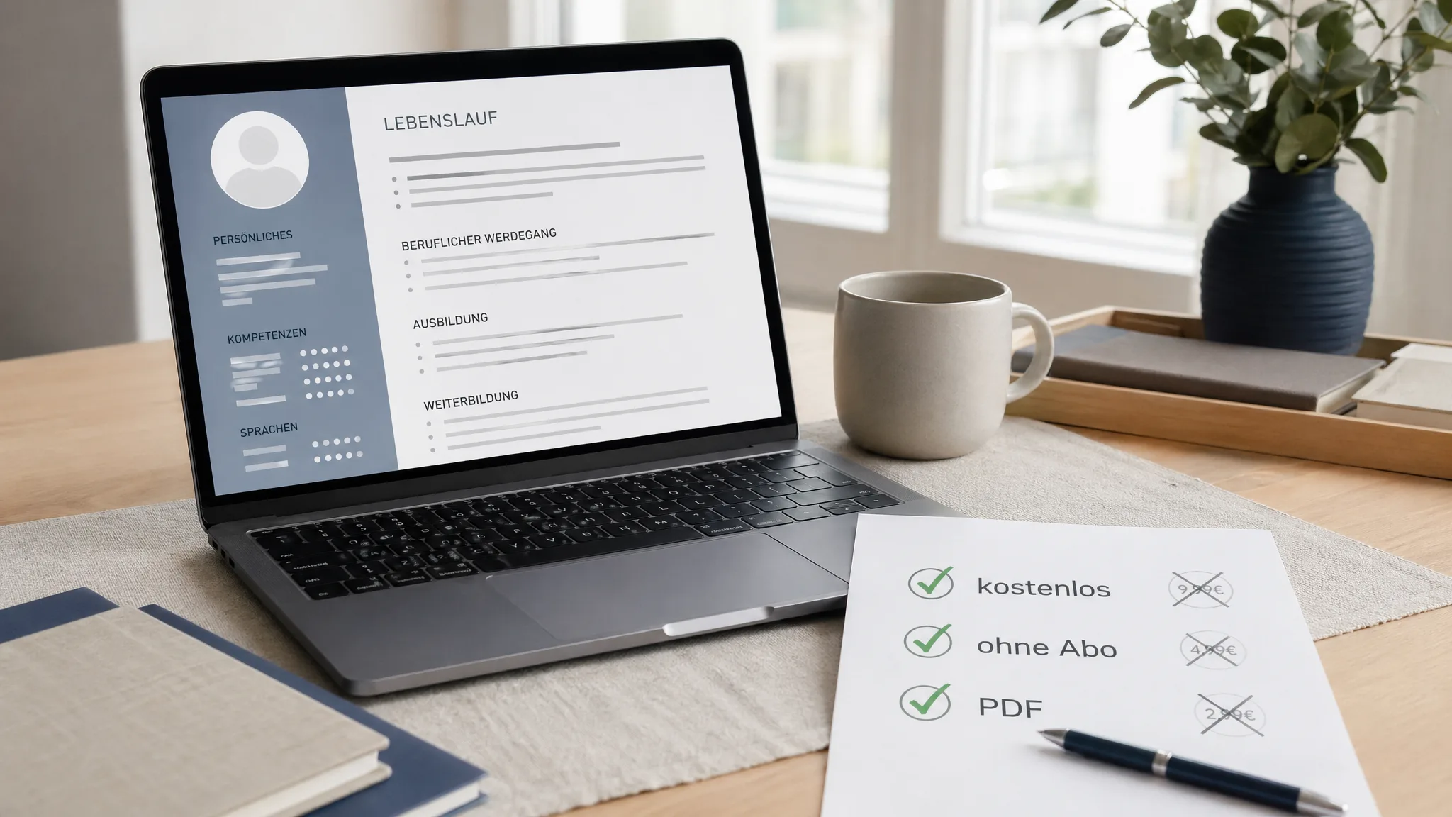 Kostenlose Lebenslauf-Vorlage auf Laptop und Checkliste